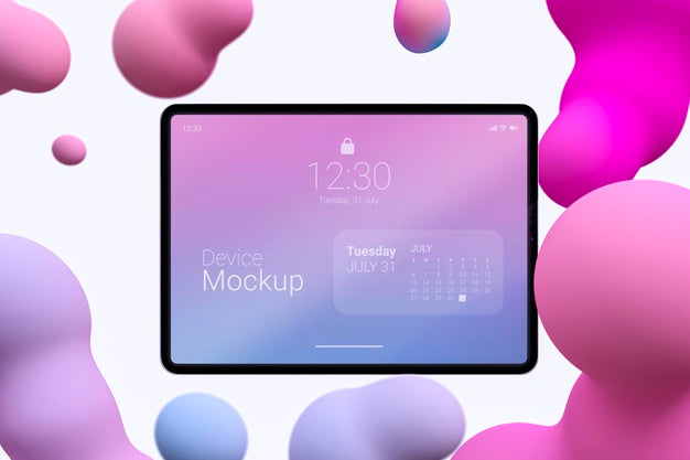 Free Mock-Up Tablet Composition With Liquid Dynamic Elements Psd