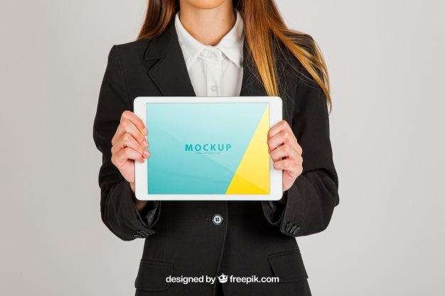 Free Mockup Concept Of Business Woman Holding Tablet Psd