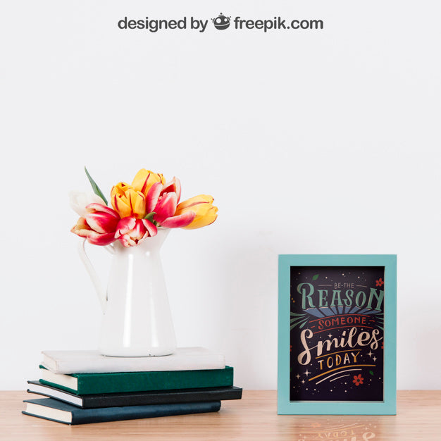 Free Mockup Of Frame And Plant On Books Psd