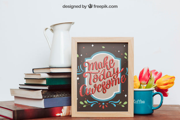 Free Mockup Of Frame, Books And Mug Psd