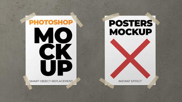 Free Mockup Of Two Posters On A Concrete Wall Psd