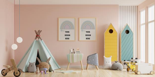 Free Mockup Poster Frame In Children Room. Nursery Room, Kids Room,Wall Frame Mockup.3D Rendering Psd