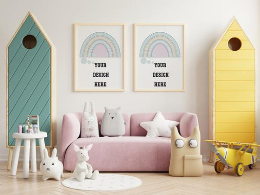 Free Mockup Posters In Child Room Interior, Posters On Empty White Wall, 3D Rendering Psd