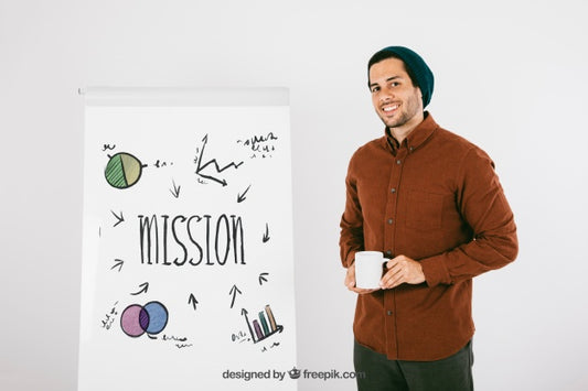 Free Modern Man Posing With Whiteboard And Mug Psd