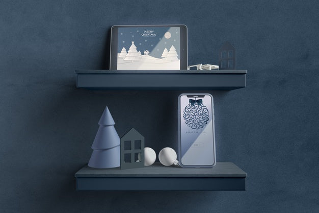 Free Modern Tablet On Shelf With Christmas Theme Psd