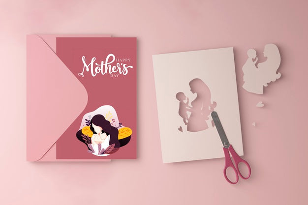 Free Mother'S Day Card And Scissors With Mock-Up Psd