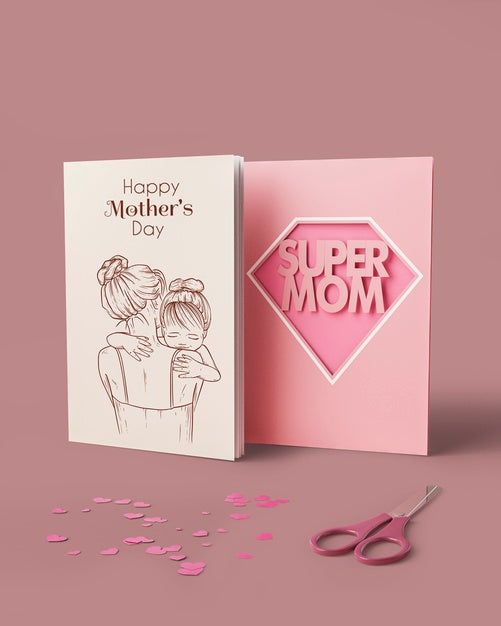 Free Mother'S Day Card And Scissors With Mock-Up Psd