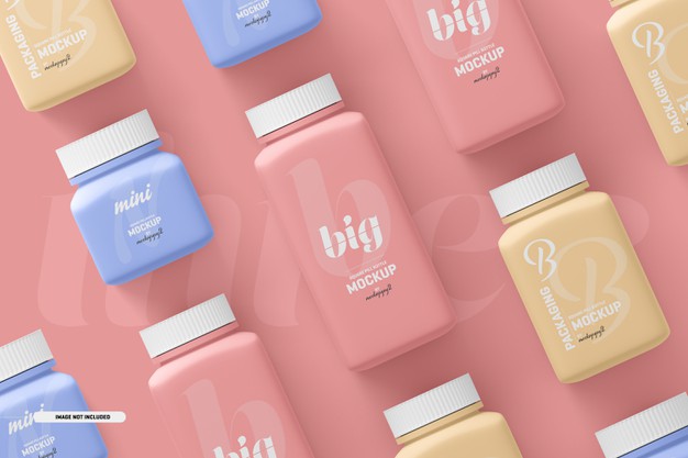 Free Multi Size Square Pill Supplement Bottle Mockup Psd