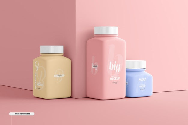 Free Multi Size Square Pill Supplement Bottle Mockup Psd