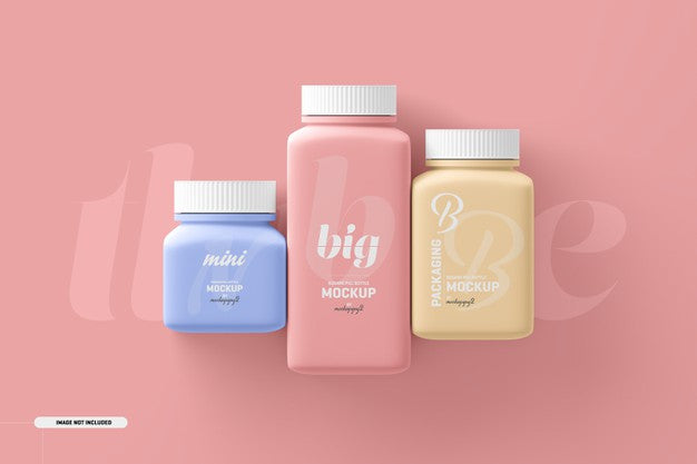 Free Multi Size Square Pill Supplement Bottle Mockup Psd