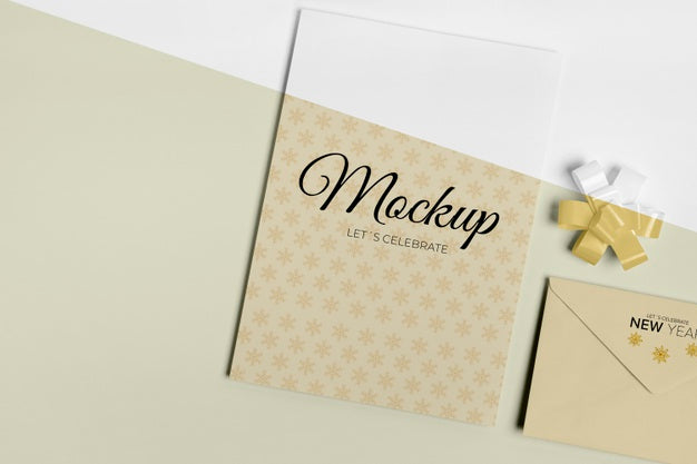 Free New Year Invitation Mock-Up With Ribbon Flat Lay Psd