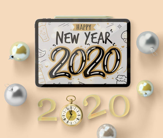 Free New Year Ipad Mock-Up With Decorations Psd