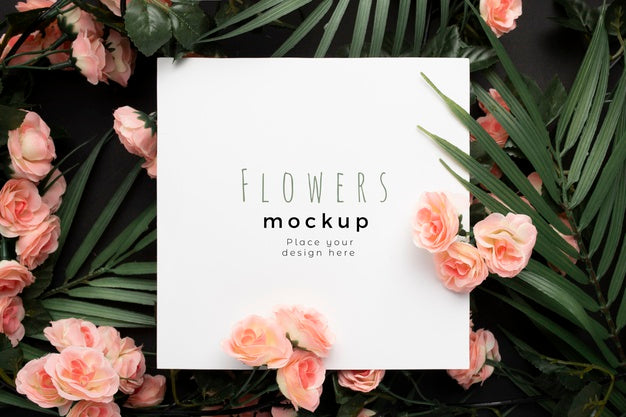 Free Nice Mockup Template With Palm Leaves With Pink Flowers Background Psd