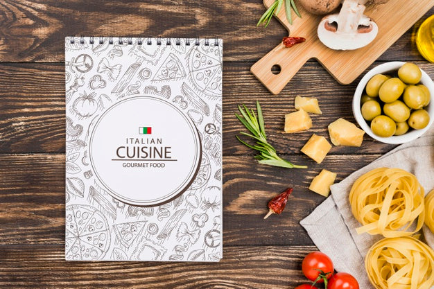 Free Notebook And Italian Food Arrangement Psd