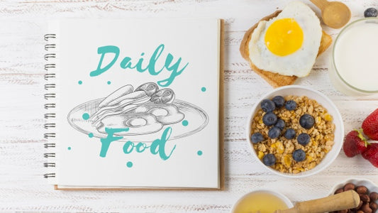 Free Notebook Mockup With Breakfast Concept Psd