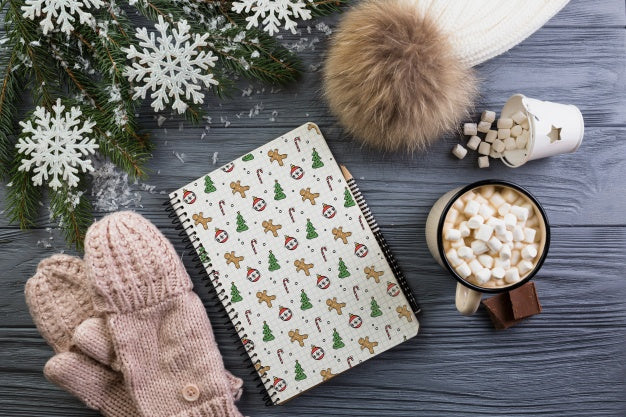 Free Notebook Mockup With Christmas Decoration Psd