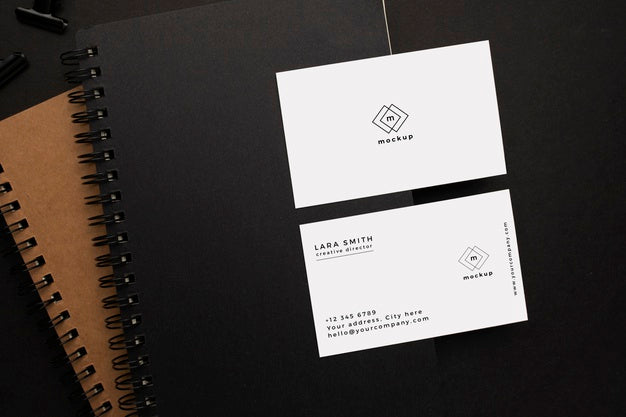 Free Notebooks And Visiting Card Mockup With Black Element On Black Background Psd