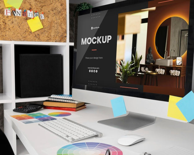 Free Office Desk Mock-Up With Computer Psd