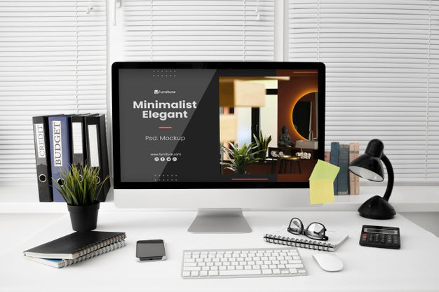 Free Office Desk Mock-Up With Computer Psd