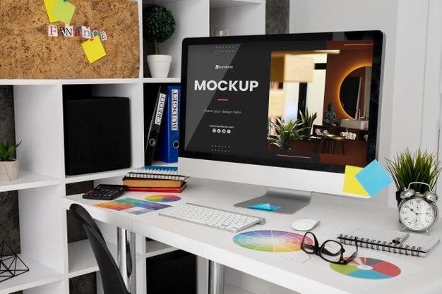 Free Office Desk Mock-Up With Computer Psd