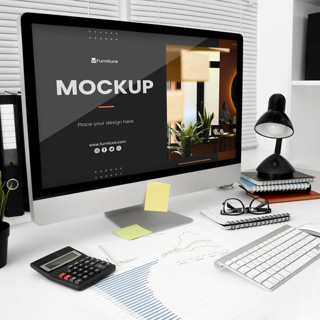 Free Office Desk Mock-Up With Computer Psd