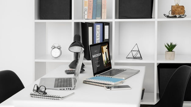 Free Office Desk Mock-Up With Laptop Device Psd