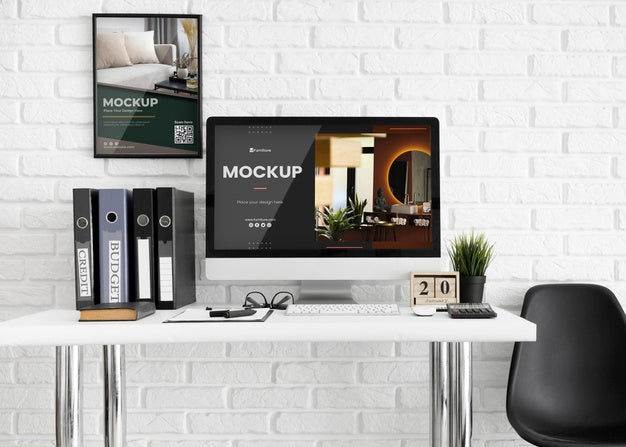 Free Office Desk With Computer Mock-Up Psd