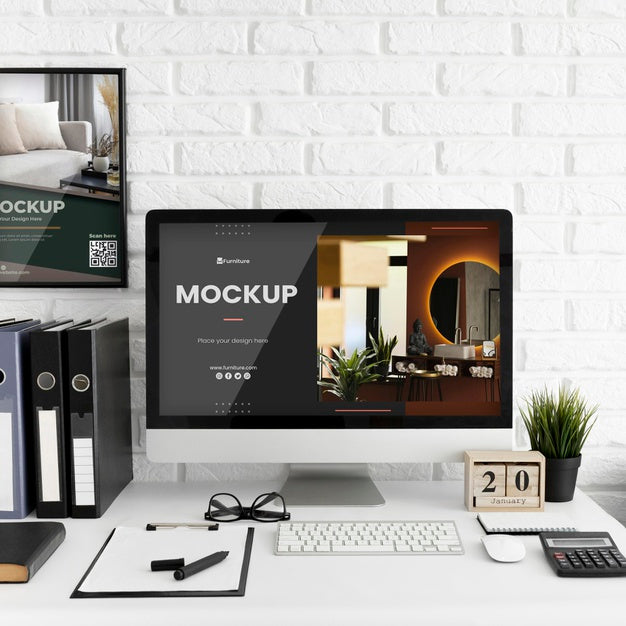 Free Office Desk With Computer Mock-Up Psd