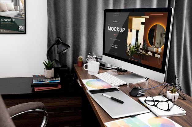 Free Office Desk With Computer Mock-Up Psd