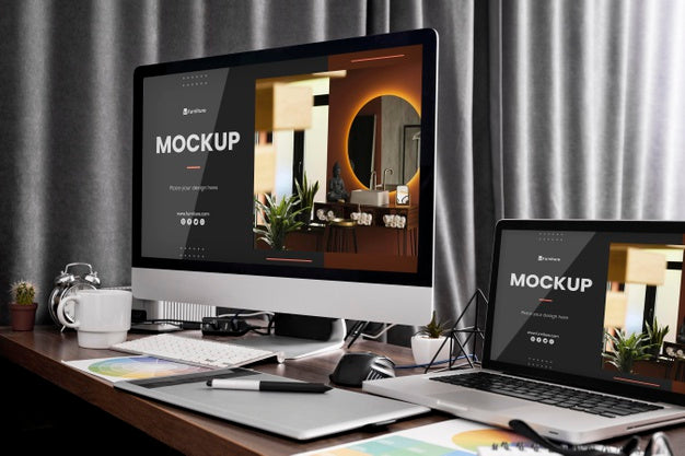 Free Office Desk With Computer Mock-Up Psd