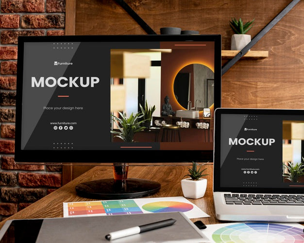 Free Office Desk With Computer Mock-Up Psd