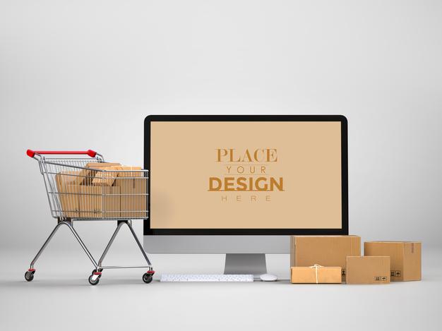 Free Online Delivery With Computer Mockup Template With Delivery Package Psd