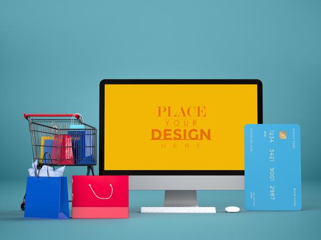 Free Online Shopping With Computer Mockup Template And Shopping Elements Psd