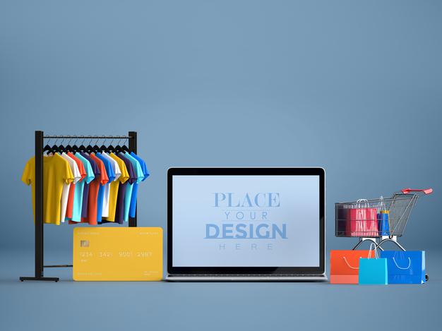 Free Online Shopping With Laptop Mockup Template And Shopping Elements Psd