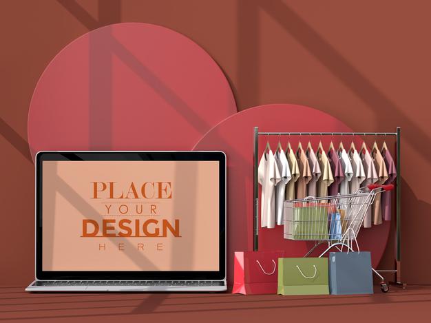 Free Online Shopping With Laptop Mockup Template And Shopping Elements Psd