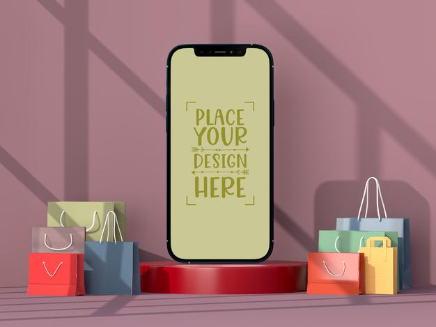 Free Online Shopping With Mobile And Shopping Elements Mockup Template Psd