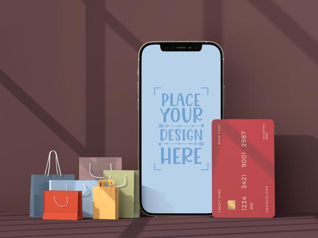 Free Online Shopping With Mobile And Shopping Elements Mockup Template Psd