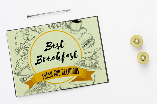 Free Open Notebook Mockup With Breakfast Concept Psd