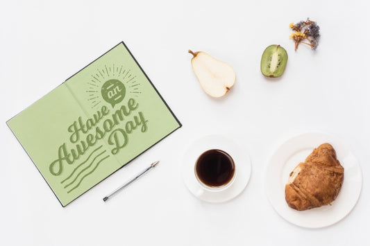 Free Open Notebook Mockup With Breakfast Concept Psd