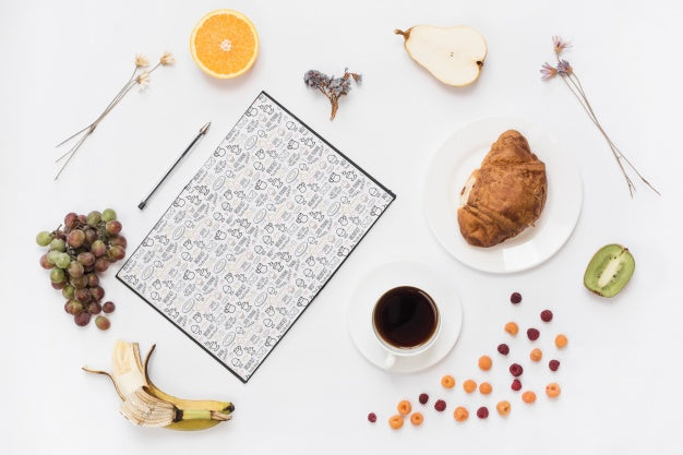 Free Open Notebook Mockup With Breakfast Concept Psd