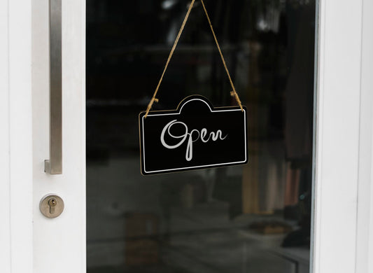 Free Open, Wooden Door Sign Mockup Psd