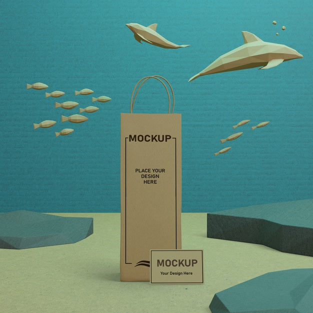 Free Paper Bag And Sea Life Underwater With Mock-Up Psd