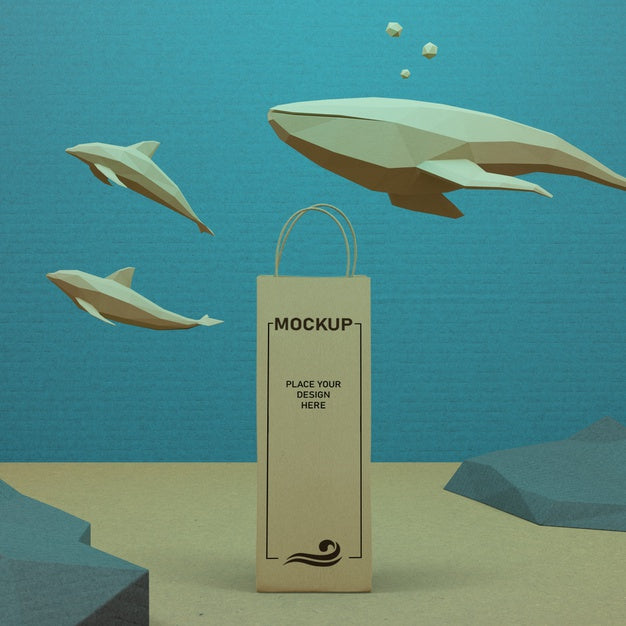 Free Paper Bag And Sea Life Underwater With Mock-Up Psd