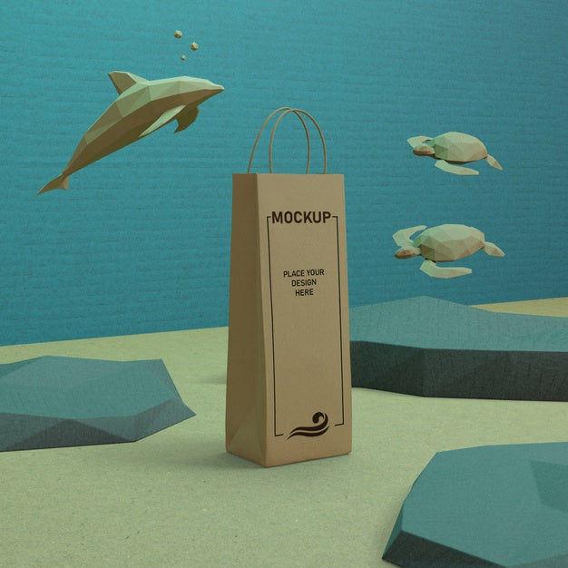 Free Paper Bag And Sea Life Underwater With Mock-Up Psd