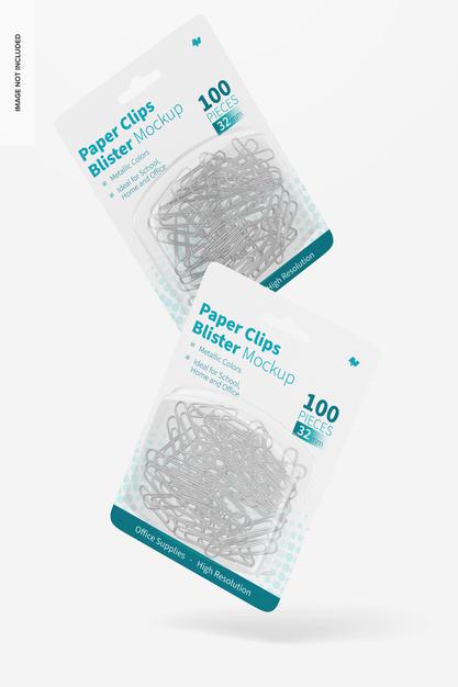 Free Paper Clips Blisters Mockup, Falling Psd