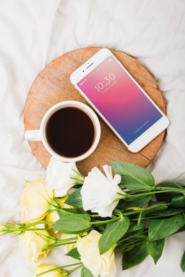 Free Peony Flower Mockup With Coffee And Smartphone Psd