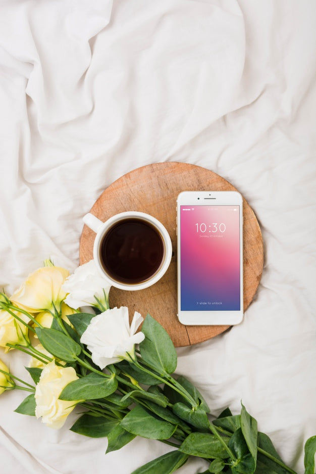 Free Peony Flower Mockup With Coffee And Smartphone Psd