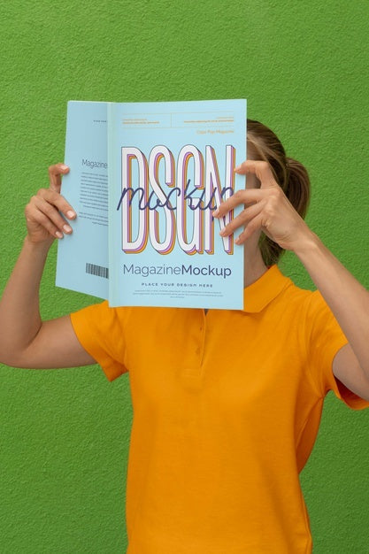 Free Person Reading Color Pop Magazine With Cover Mockup Psd