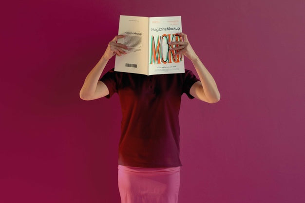 Free Person Reading Color Pop Magazine With Cover Mockup Psd