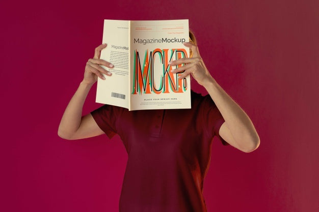 Free Person Reading Color Pop Magazine With Cover Mockup Psd